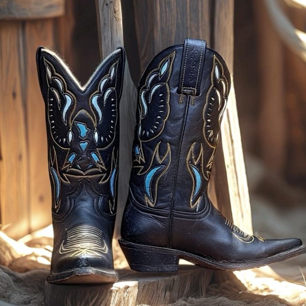 Women’s Size 7 M - Rancho Vintage Cowboy Western Boots Thunderbird Inlays